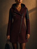 Women Quilted Sleeve Hooded Moto Coat with Asymmetric Zip