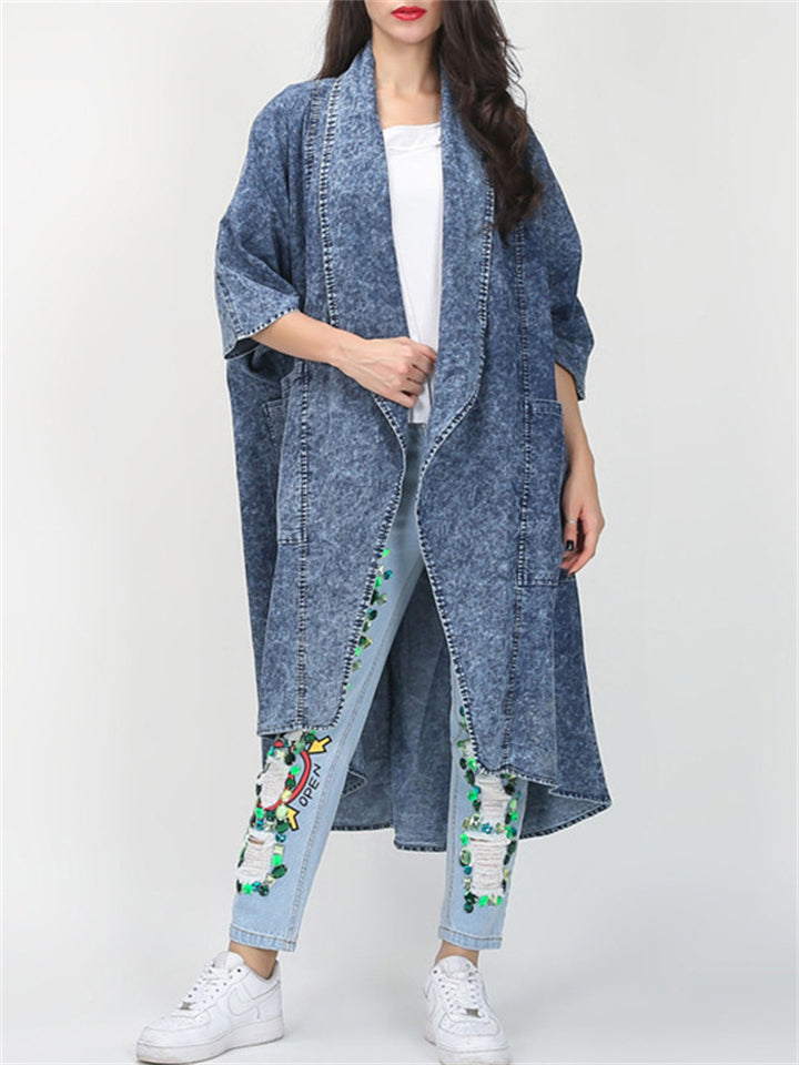 Women's Irregular Hem Lapel Cardigan Long Denim Coat