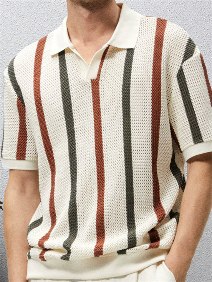 Men's Summer Short-sleeved Contrast Color Striped Knitted Polo Shirts