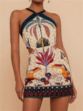 Women's Casual Print Halter Bellyband Lace-up Mini Dress