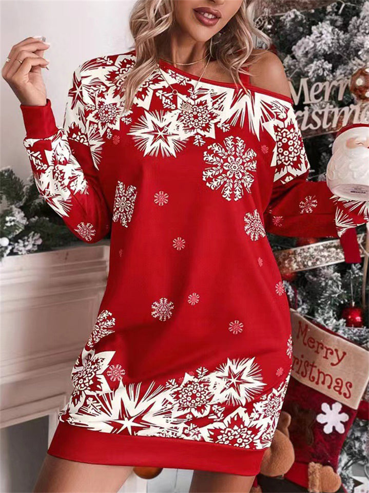 Women's Christmas Snowflake Printed Long-sleeved Off-shoulder Dress