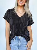 Women's Solid Color Striped V Neck Casual Short Sleeve Shirts
