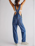 Women's Solid Color Pockets Denim Overall Jumpsuits