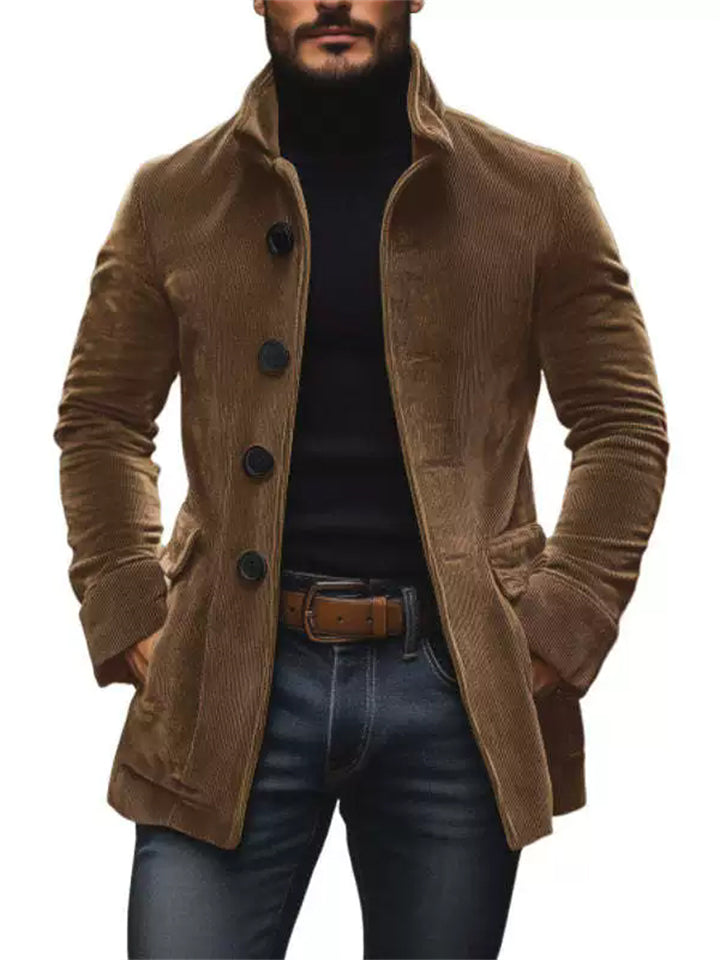 Men's Pockets Button Single Breasted Solid Color Stand Collar Cardigan Coats