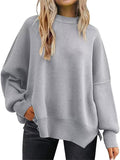 Women's Autumn Batwing Round Neck Side Slit Pullover Sweaters
