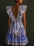 Women Mediterranean Print Backless Bow Ruffle Mini Dress