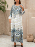 Women's Retro Elegant Printed Beads Round Neck Muslim Robe Dress