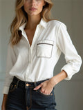 Classic Imitation Denim White Button Up Blouses for Women with Pockets