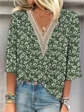 Summer Lace V Neck Print 3/4 Sleeve Blouses for Women