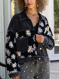 Women's Distressed Chrysanthemum Pattern Patchwork Corduroy Jackets
