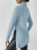 Women's Solid Color Pit Stripe High Neck Slim Fit Split Long-sleeved Sweaters