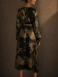 Women Gold Black Metallic V Neck Long Sleeve Cocktail Dress