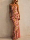 Women Pink Floral Backless Asymmetric Slim Summer Maxi Dress