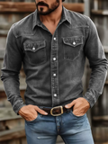Mens Slim Fit Western Long Sleeve Button Down Denim Shirts