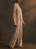Women Knit Turtleneck Asymmetric Wide Leg Pants 2 Piece Set
