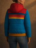 Women Retro Rainbow Stripe Hooded Puffer Jacket Winter Coat
