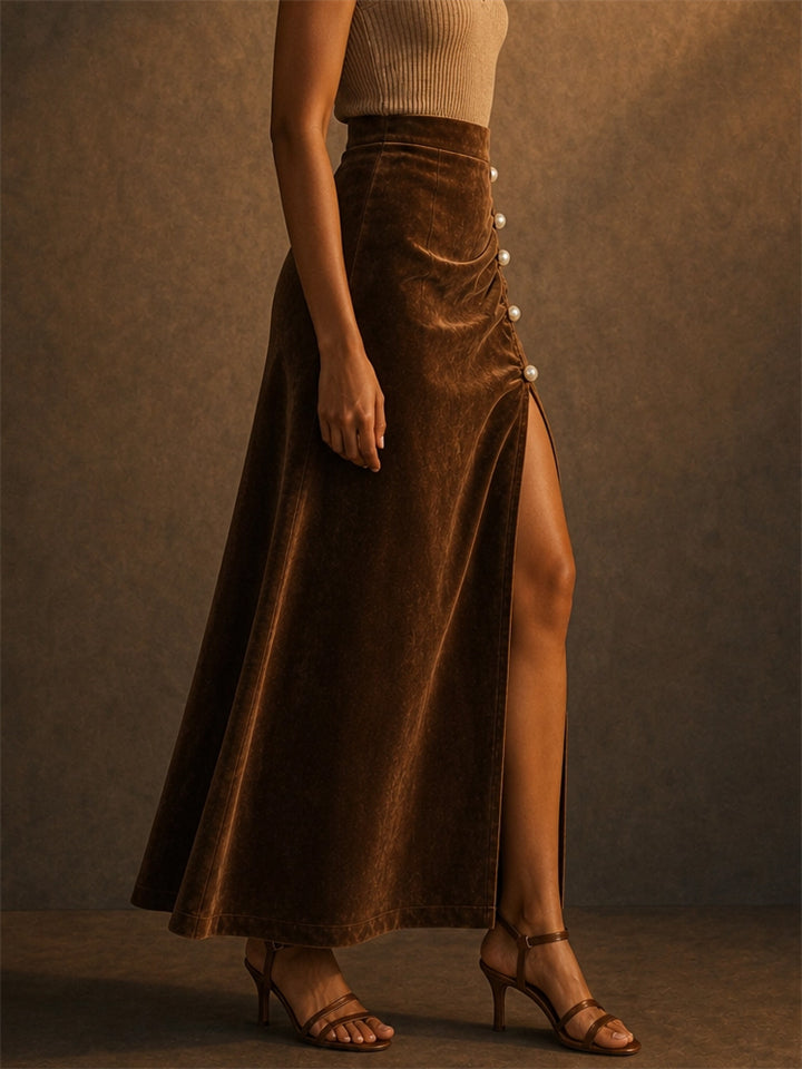 Women's High Waist Faux Suede Side Slit Skirt
