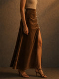 Women's High Waist Faux Suede Side Slit Skirt