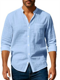 Men's Holiday Style Solid Color Stand Collar Long Sleeve Beach Shirts