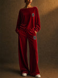 Women Velvet 2 Piece Lounge Set Boat Neck BatWing Sleeve Wide Leg Outfits