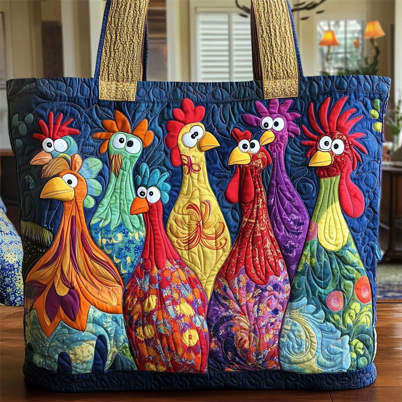 Quilted Colorful Cartoon Chicken Canvas Tote Bag