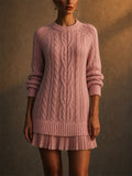 Women Soft Cable Knit Mini Sweater Dress With Pleated Hem