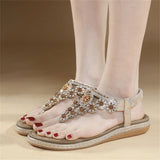 Rhinestone Flower T-Strap Beach Sandals for Women