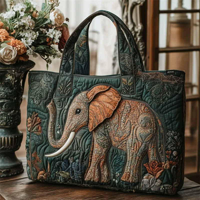 Women's Dark Green Elephant Floral Quilted Tote Bags