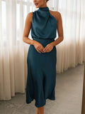 Elegant Sleeveless Silky Soft Halter Cocktail Dress for Lady