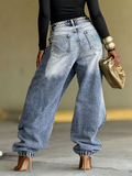 Women's Stylish Asymmetric Cross Waist Wide Leg Baggy Washed Denim Pants