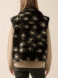 Women's Trendy Floral Pattern Zip Up Lapel Sleeveless Vest Coats