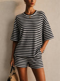 Women Striped Ribbed 2 Piece Pajama Shorts Lounge Set