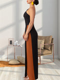 Women's Contrast Color One-Shoulder Floor Length Dress