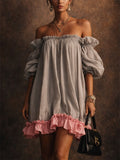 Women Off Shoulder Chiffon Puff Sleeve Ruffle Pink Hem Mini Dress