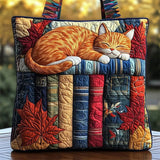 Cartoon Sleeping Cat on Books Quilted Tote Bag