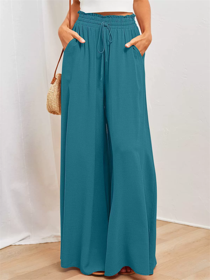 Women's Casual Solid Color High Waist Drawstring Wide Leg Flared Pants
