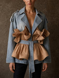 Women Pleated Ruffle Peplum Denim Jean Jacket Belted Coat