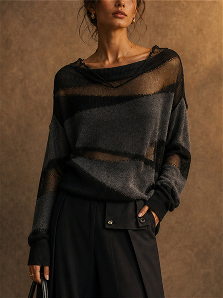 Womens Grunge Style Striped Sheer Mesh Knit Long Sleeve Sweater