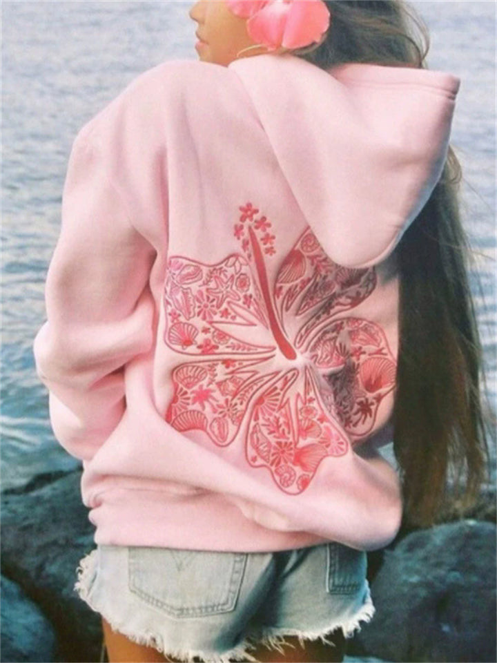 Women's Solid Color Floral Embroidery Long Sleeve Hoodie