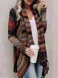 Women's Casual Contrast Color Striped Fringe Cardigan Sweaters