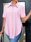 Women's Plain Button Up Curved Hem Short Sleeve Blouses