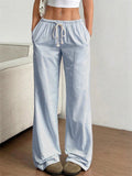 Simple Striped Wide Leg Casual Pants for Women with Drawstring Waist