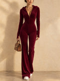 Women Vintage Velvet Long Sleeve Hooded Zip Up Flare Jumpsuit