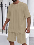 Men's Solid Color Jacquard Round Neck Top and Pants Set