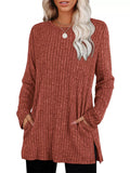 Women's Autumn Loose Round Neck Pockets Split Hem Long Sleeve Shirts