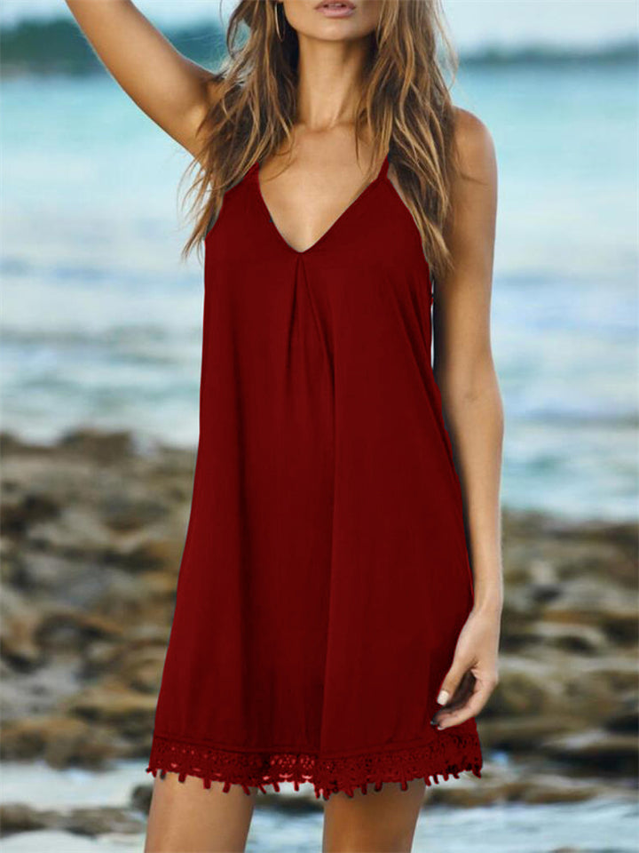 Summer Sexy Sleeveless Deep V Neck Mini Beach Dress for Lady