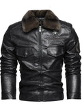 Men's Motorcycle Style Faux Leather Jacket with Faux Fur Collar and Flap Pockets