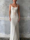 Women's Boho Style Crochet Knit Backless Flower Cutout Beach Maxi Dress