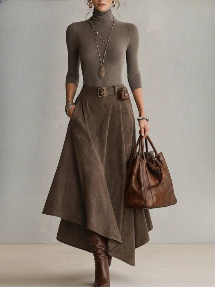 Women Turtleneck Top and Faux Suede Asymmetric Maxi Skirt Two Piece Set