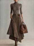 Women Turtleneck Top and Faux Suede Asymmetric Maxi Skirt Two Piece Set